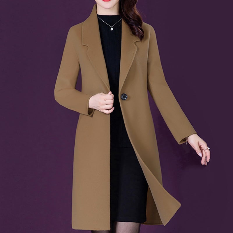 Aprsfn Women's Winter Wool Coats Long Sleeve One Buttoned Pea Coats Notched Lapel Jackets Mid-Length Windproof Overcoat-Camel-L - Image 2